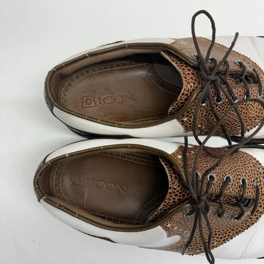 Footjoy Icon FJ Mens White Brown Black Lizard Print Golf Shoes Size 10.5